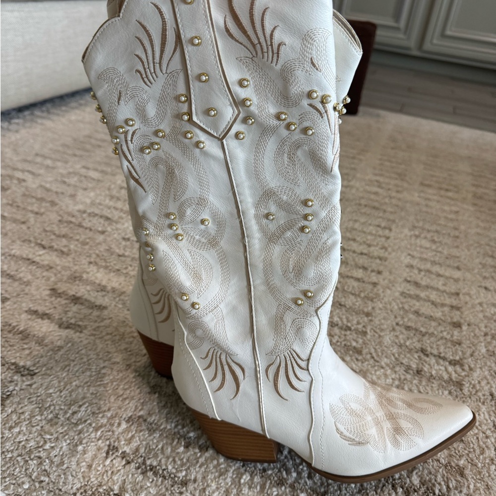 White Embellished Western Boots